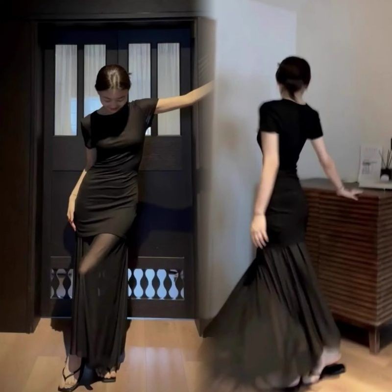 ชุดเดรสผ้ากอซสีดำ ผู้หญิง ฤดูร้อน สไตล์ทันสมัย ทรงกระบอกเน้นเอว