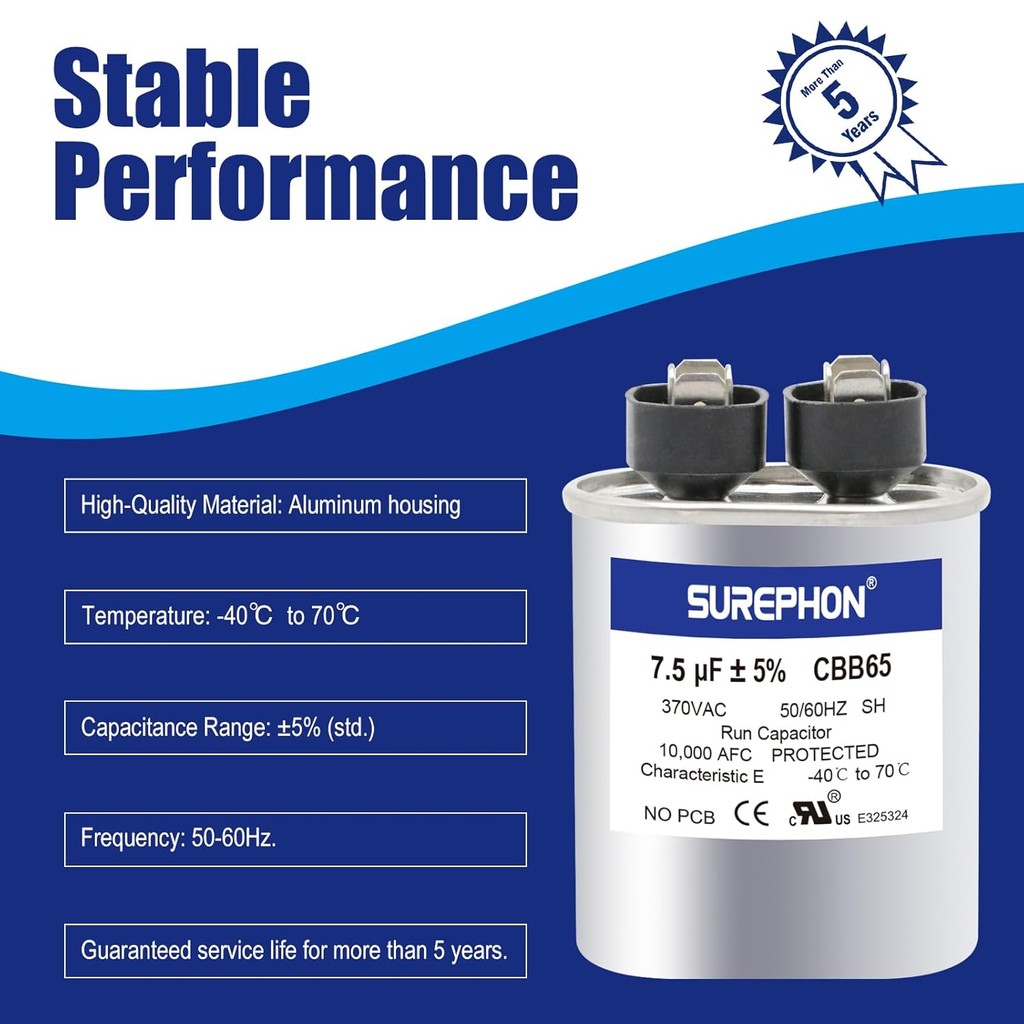 7.5 Mfd Capacitor 370V/440V Oval Run Start Capacitor สําหรับ AC มอเตอร์ Run หรือพัดลมเริ่มต้นและ Coo