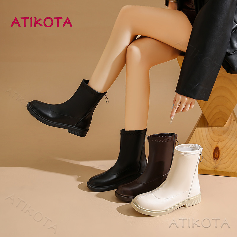 Atikota รองเท้าบูตแฟชั่นสำหรับผู้หญิง หนังสั้น มีซิป สวมใส่ง่ายและสะดวกสบาย