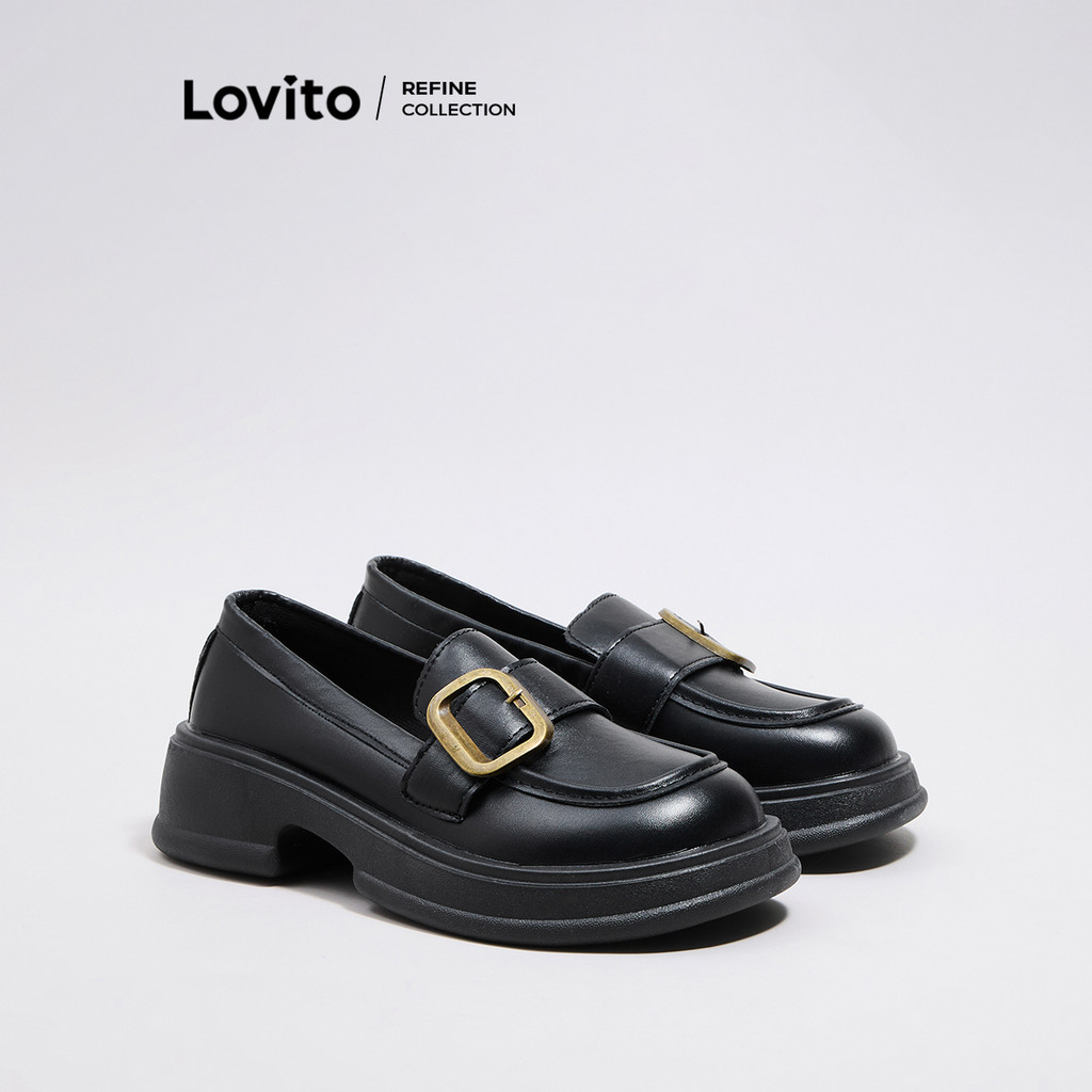 Lovito ลำลองสีพื้นBoat รองเท้า โลหะLoafersclassic กันน้ํากลางแจ้งสไตล์อังกฤษ Martin รองเท้าบู๊ท สีเหลืองสําหรับผู้หญิง LFA43408