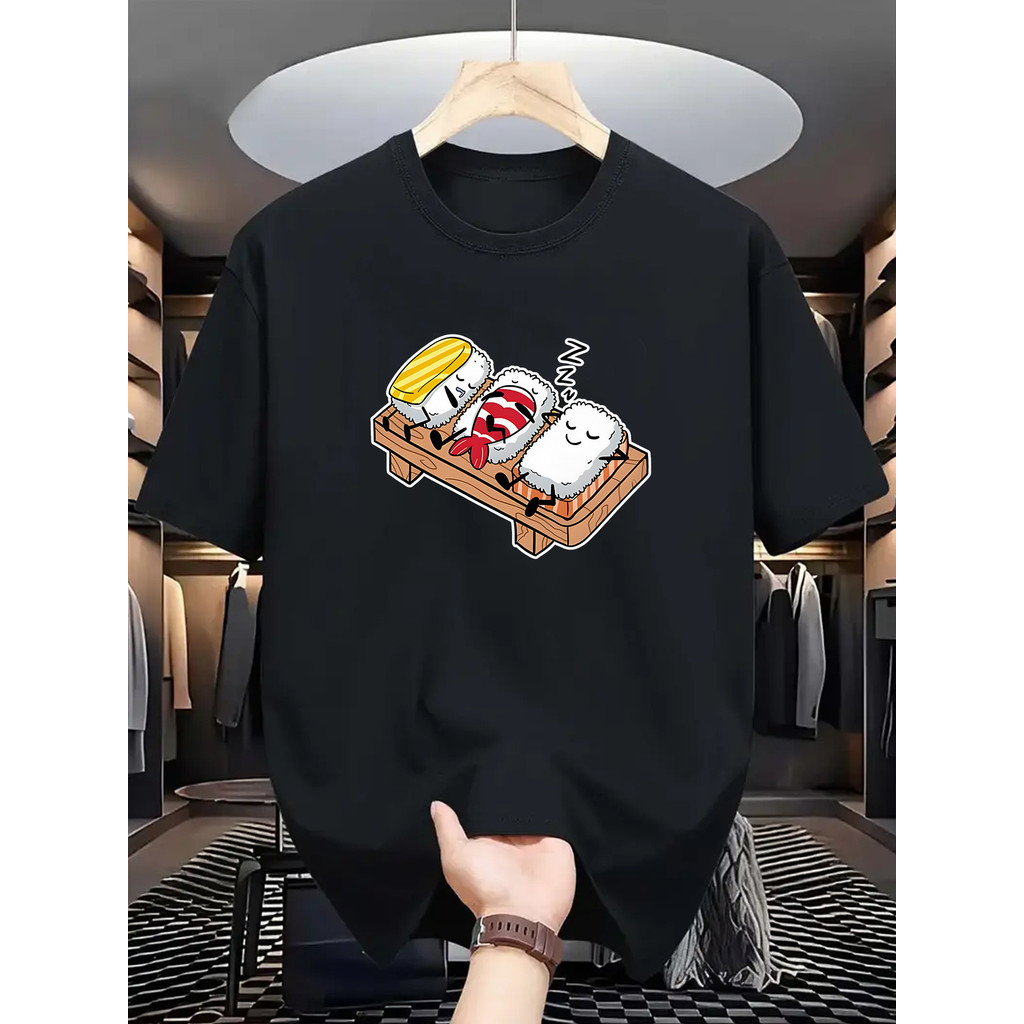 Mens Sushi Cat Motif T-Shirt - เสื้อยืดผู้ชาย วัสดุยางยืด ใส่เท่ๆ
