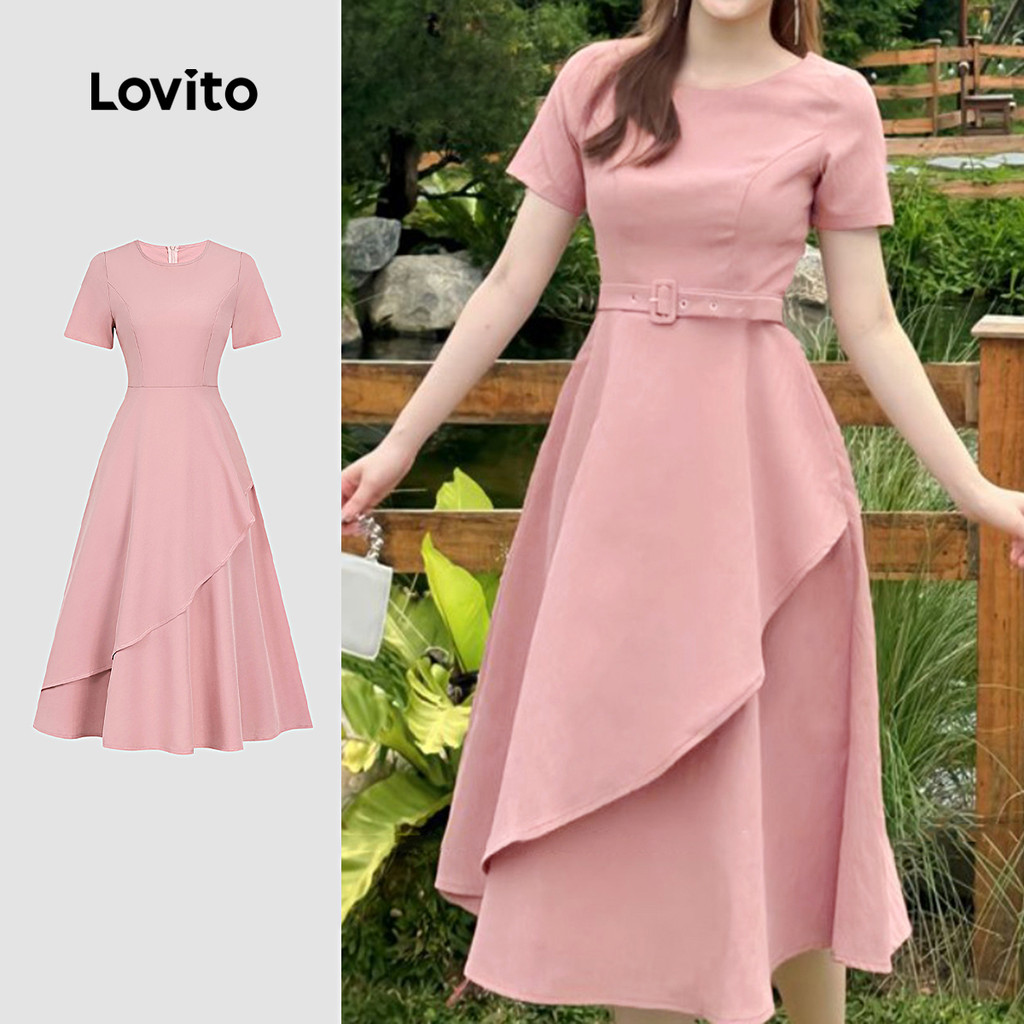 Lovito ชุดเดรสหรูหรา ซิปรับฤดูใบไม้ผลิร้อน ชุดเดรสน่ารักสีชมพูสำหรับผู้หญิง L149LD156