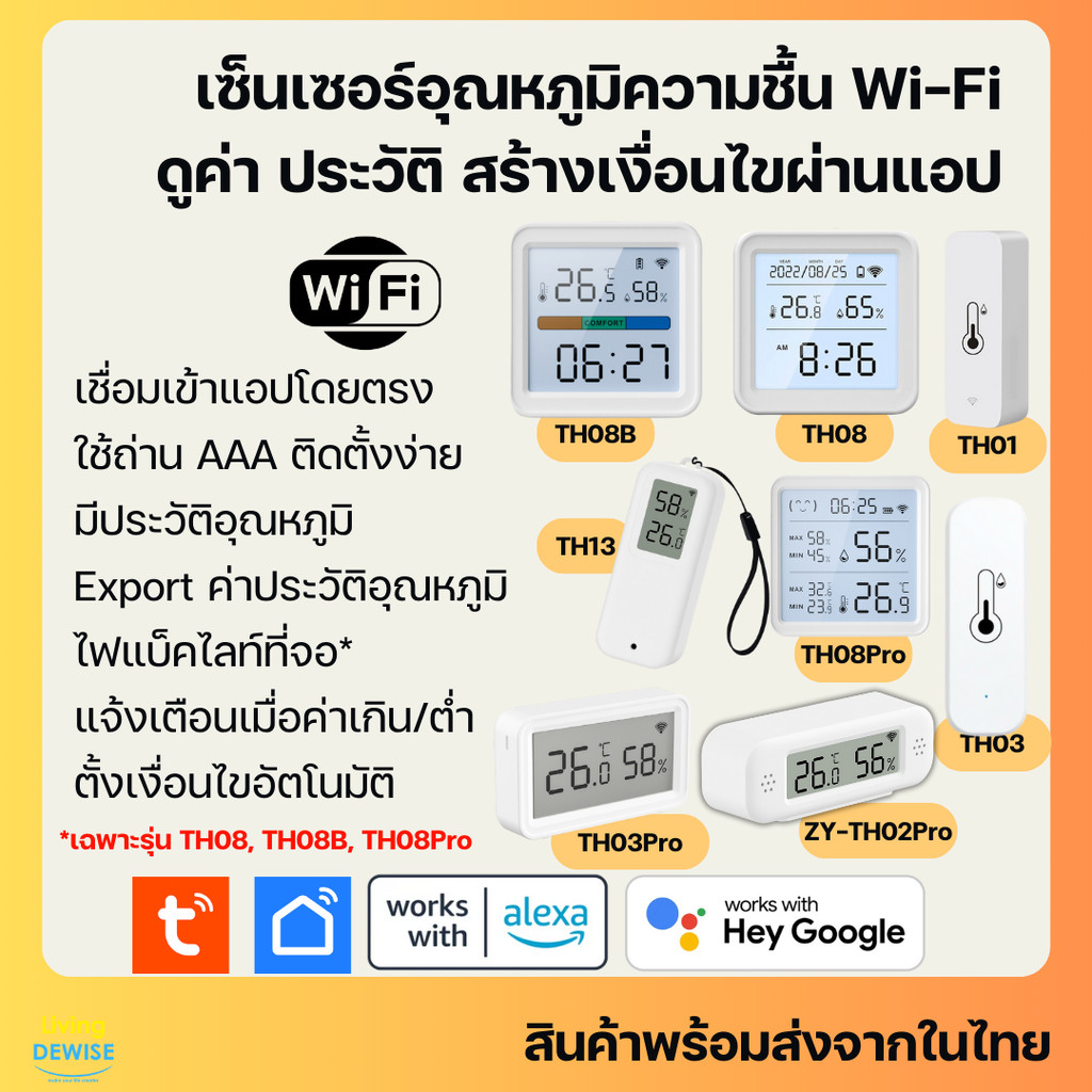 Tuya เซ็นเซอร์วัดอุณหภูมิและความชื้น Wi-Fi ดูค่า ตั้งเงื่อนไขผ่านแอป (TH01, TH08, TH08B, TH08Pro, TH02Pro, TH13, TH03...