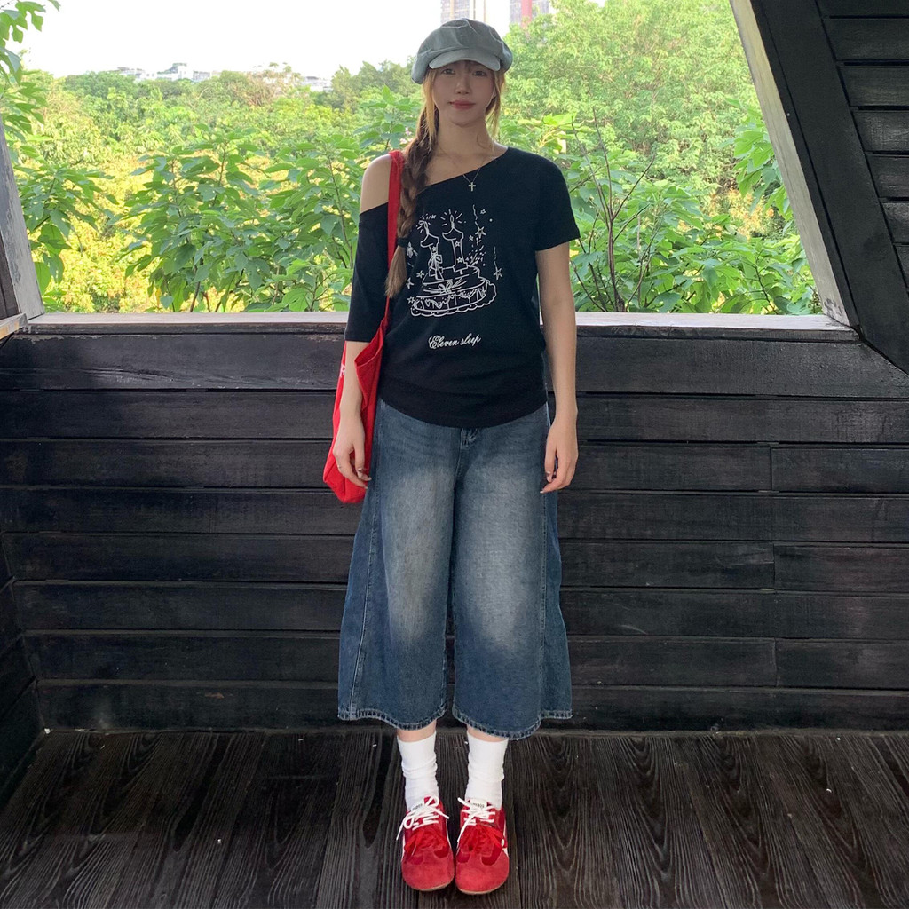 限时折扣美式复古深迪蓝阔腿七分牛仔裤女夏季高腰宽松小个子直筒水洗中裤American Style Retro Deep Dee Blue Wide Leg Cropped Jeans for Wome