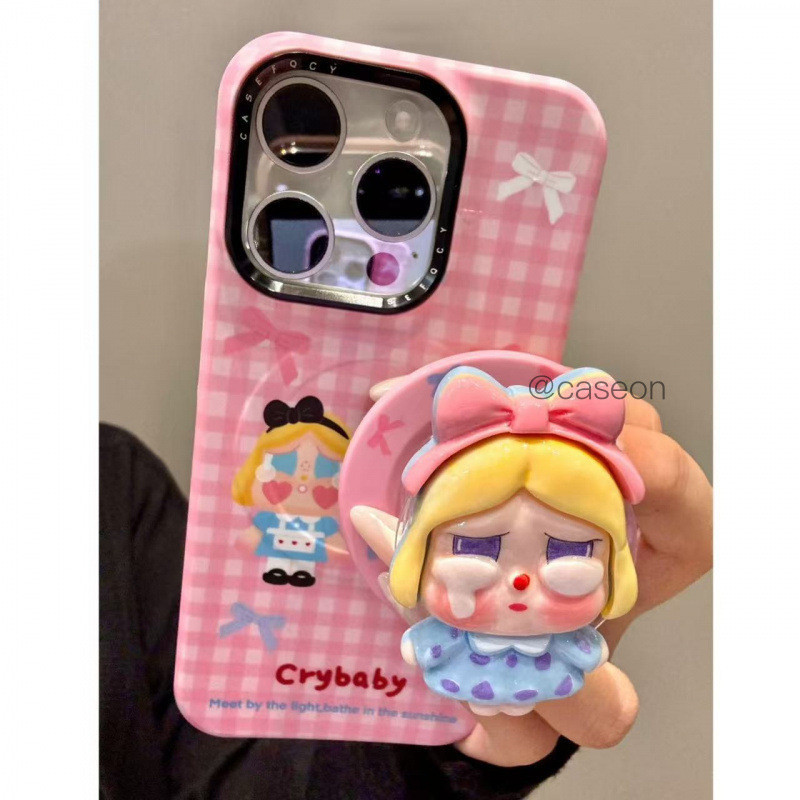 สีชมพู-สีขาวลายสก๊อตขาตั้งแม่เหล็กการ์ตูนน่ารักเคสโทรศัพท์สําหรับIPhone 15 14 13 16 Pro Max 14pro 16pro 15pro 16Promaxฝาครอบป้องกันHard Glitter Simple Clear v0806