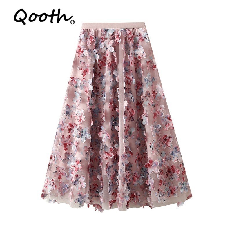 Qooth Elegant กระโปรงมิดี สไตล์ดอกไม้สามมิติ ความยาวเอวยืดหยุ่น เหมาะสำหรับใส่ลำลอง QT2754