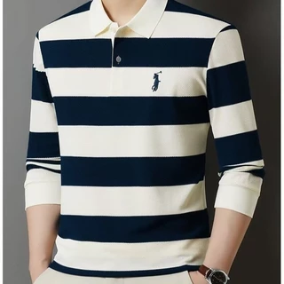 TLHGQ เสื้อโปโลลายทางแขนยาวสำหรับผู้ชาย ใส่แล้วสบาย มีสไตล์