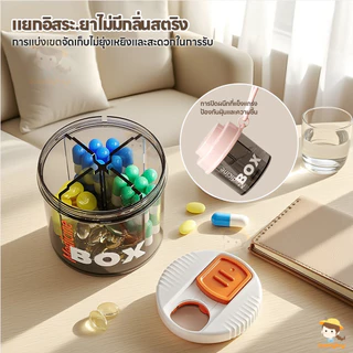SWEETYBAYI กล่องยาหมุนได้ กล่องยา เชือกเส้นเล็ก หน้าต่างภาพ พร้อมฝาปิด พร้อมแหวนซีล 4 ช่อง กล่องเก็บยา พลาสติก