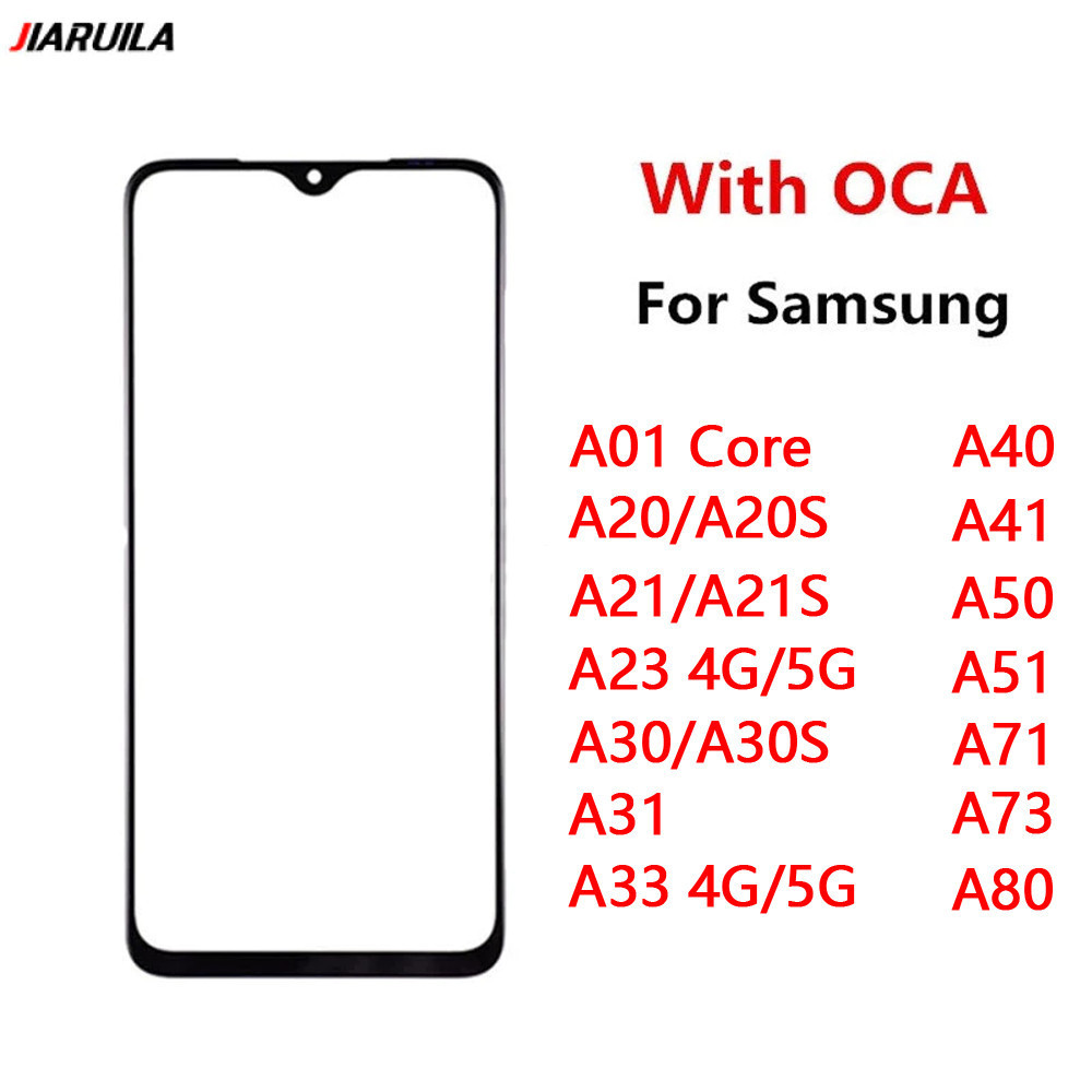 SAMSUNG สําหรับSamsung A01 Core A20 A20S A21 A21S A23 A30 A30S A31 A33 A40 A41 A50 A51 A71 A73 A75 A80 ด้านหน้าแผงกระจกจอแสดงผลLCDฝาครอบด้านนอกเปลี่ยนชิ้นส่วนซ่อม + OCA