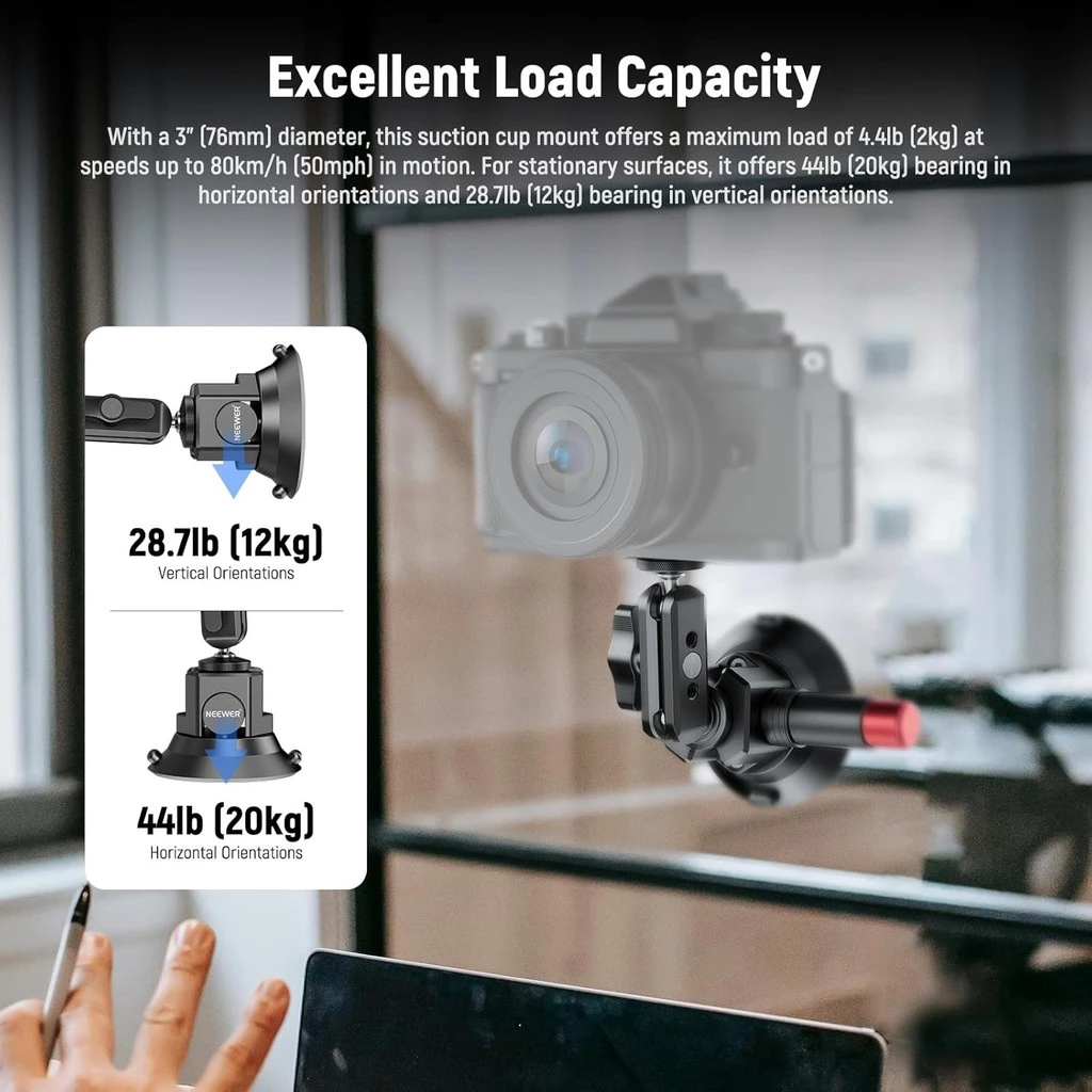 NEEWER CA104 3 "ถ้วยดูดกล้อง – Ball Head Magic Arm, 1/4" ARRI Holes, Quick Release Car Mount พร้อมที่วางโทรศัพท์/อะแดปเตอร์ Action Cam สําหรับ iPhone/GoPro/DJI/Insta360 thumbnail 4