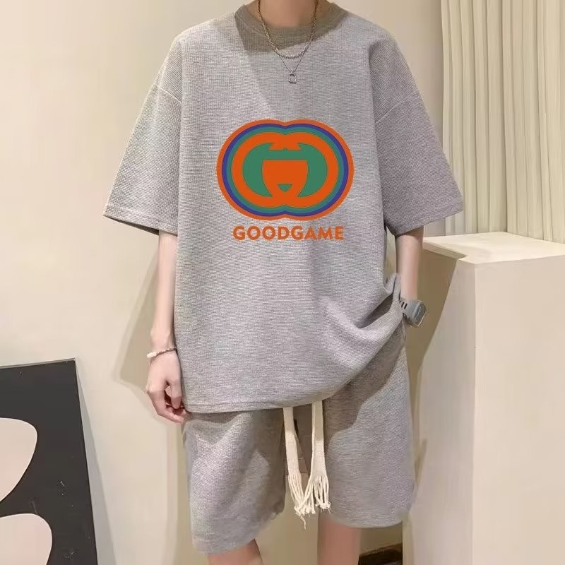 2025 NEW 2025 Summer Waffle Set Men's Casual Sports Trendy Short Sleeve Shorts Two-Piece Set Youth M