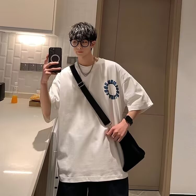 2025 NEW 2025 Summer Trendy Brand Retro Letter Loop Cartoon T-Shirt Men American Hip-Hop Loose Short