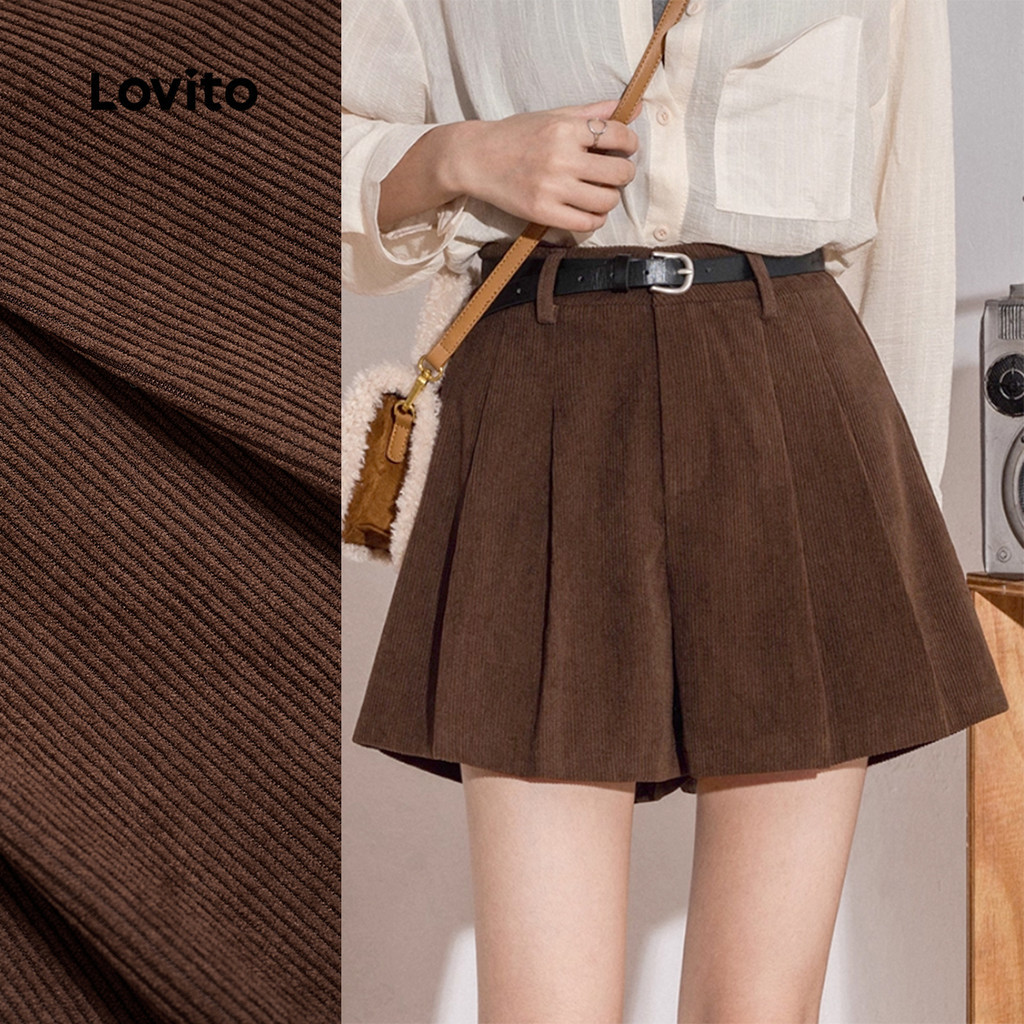 Lovito กางเกงขาสั้นแบบผ้ายับทรงหลวม ผ้าคุณภาพดี สำหรับฤดูใบไม้ผลิ/ฤดูร้อน สีน้ำตาล L139AD357