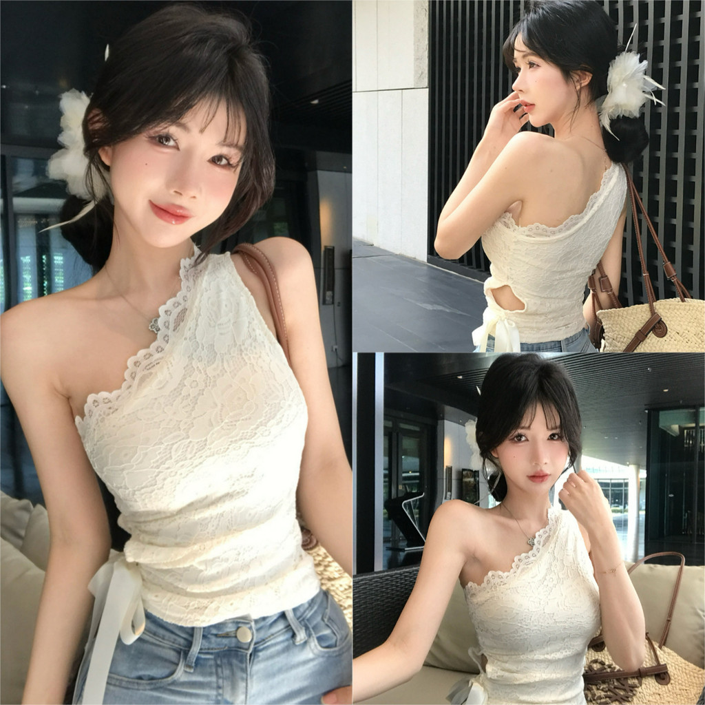 ⭐Soroh⭐เสื้อกล้าม ดีเทลสายข้างเดียวเก๋ไม่ไหว แต่งลูกไม้ เข้ารูป เสื้อแขนกุด ฤดูร้อน แฟชั่น#FY2960