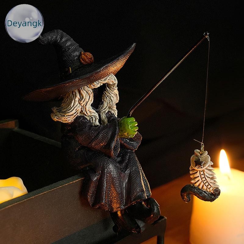Deyangk ใหม่ฮาโลวีนแม่มดตกปลาโครงกระดูกปลารูปปั้นสวนกลางแจ้ง Pond ชาวประมงรูปปั้นตกแต่งแม่มดรูปปั้นฮาโลวีนตกแต่ง TH
