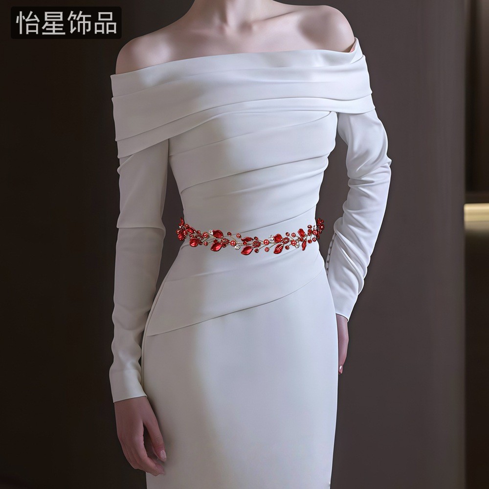 怡星 红色水钻新娘腰带常规款闪亮腰封显瘦婚纱礼服宴会配饰SA350