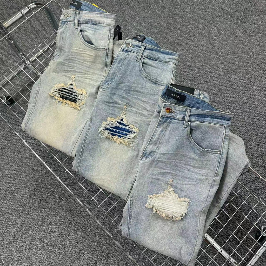 AM1r1 Ripped Jeans Mens Slim-fit Small Feet High Street Design Stretching All-match กางเกง