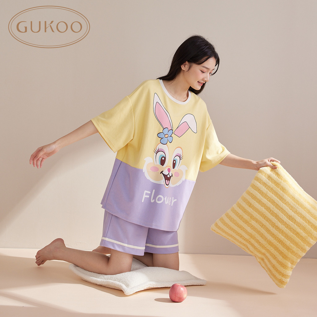 Gukoo/Nut Shell ชุดนอนผู้หญิงฤดูร้อนสไตล์ใหม่ผ้าฝ้ายการ์ตูนสุภาพสตรี Homewear ชุดนอนคอกลมชุด B