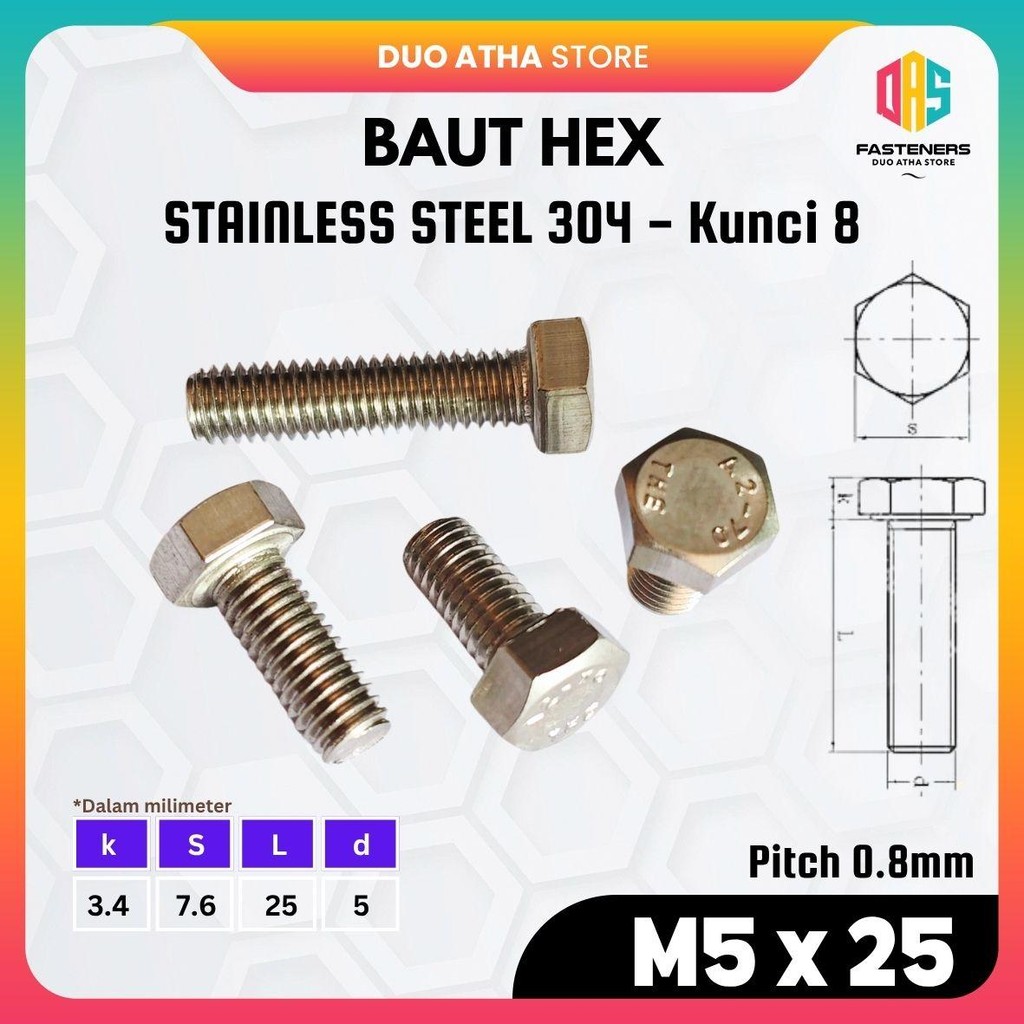 สแตนเลส M5x25 Hex Bolt / M5x25 SS304 เท่านั้น Bolt / M5x25 SUS304 Hexagon Bolt Key 8