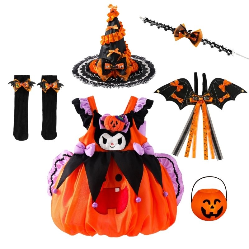 Best-Selling Halloween Girls Outfit | Kuromi Themed Pumpkin Witch Costume Set with Accessories | Ch