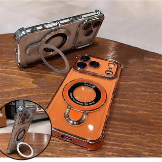 หรูหรา 6D ชุบเคสโทรศัพท์กันกระแทกสําหรับ IPhone 17 Pro Max air 13 14 15 16 Pro Max ปลอกโปร่งใสที่มองไม่เห็นฝาครอบวงเล็บ