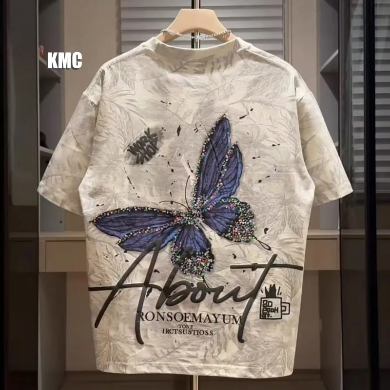 เสื้อยืดผู้ชายแขนสั้นผีเสื้อโฟมใบเมเปิ้ลพิมพ์เต็มเกาหลีสบายๆอินเทรนด์เสื้อยืดชายด้านบน