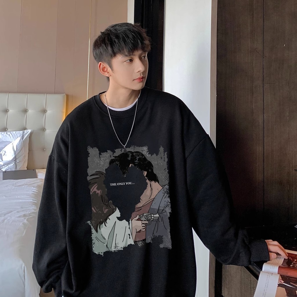 COD 2025-P20 [High Quality] 320g Imitation Cotton Hebei Crew Neck Sweatshirt White Ink Print Black a