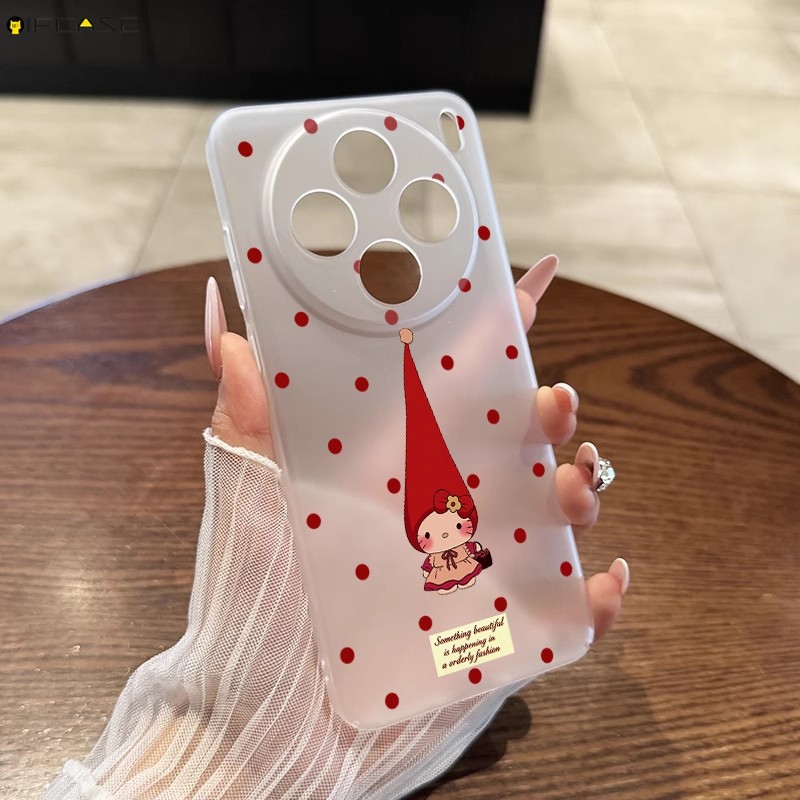 สําหรับ Vivo X200s X200 X100s X100 X90 X80 Pro mini Plus Ultra X90s เคสโทรศัพท์น่ารักยาวหมวก Hello Kitty Cat Polka Dot ไวน์สีแดงปีใหม่การ์ตูนโปร่งแสงปลอกอ่อนกรณีปก