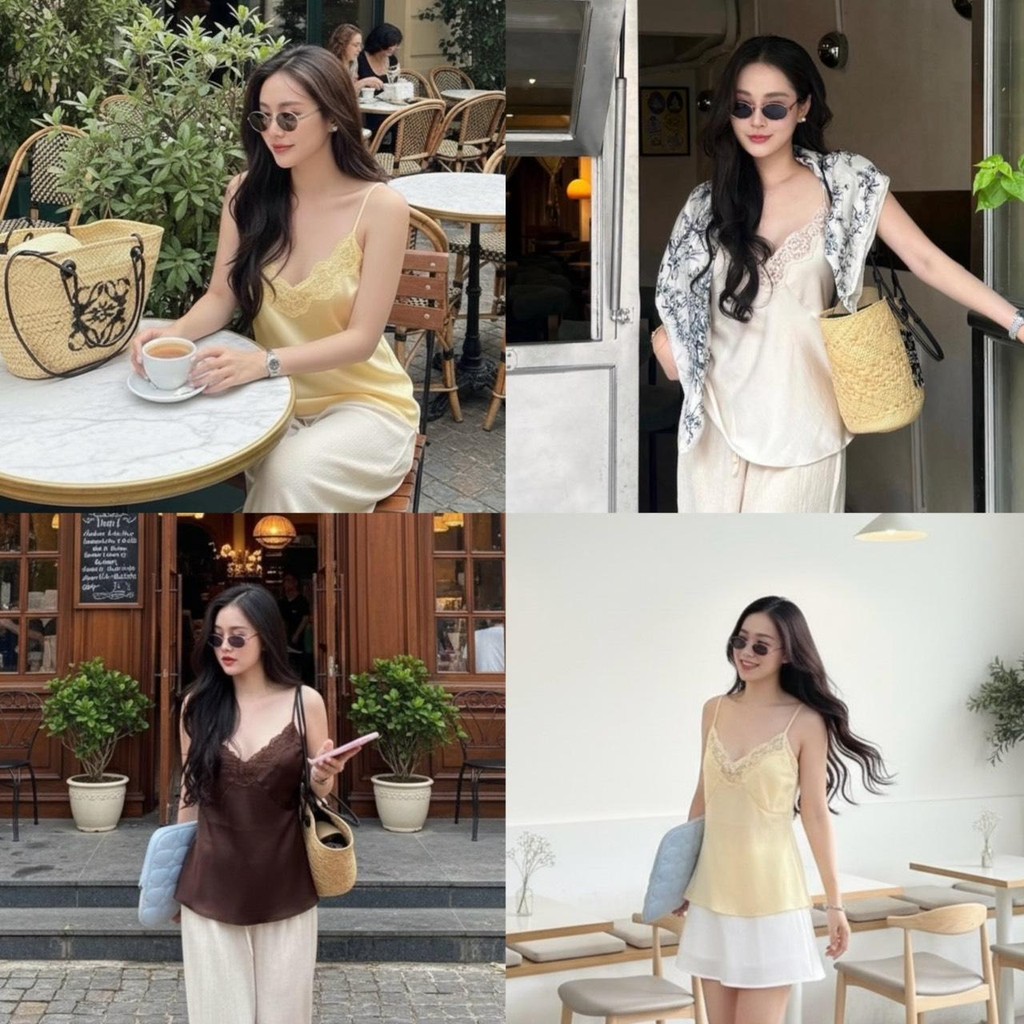 Belen cami เสื้อสายเดี่ยว แต่งขอบลูกไม้ ตัวยาว สายปรับได้ เนื้อผ้าซาติน KN.Clothes