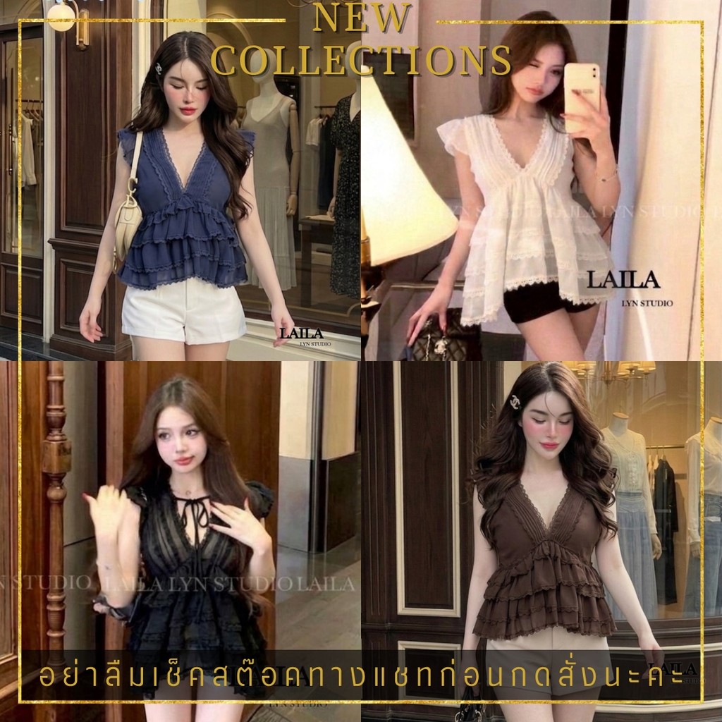 Best Seller ❥XS-XL ชุดเซ็ทเสื้อชีฟอง + กางเกงขาสั้น สีขาวดำ ลายจุด งานป้าย Laila ชุดเซตน่ารัก