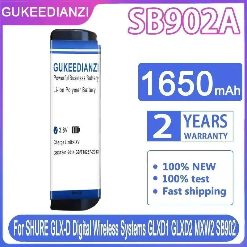 สําหรับ SHURE GLX-D ดิจิตอลระบบไร้สาย GLXD 1 2 GLXD1 GLXD2 MXW2 SB902 SB902A, SB902A, 1650mAh ระบบเส