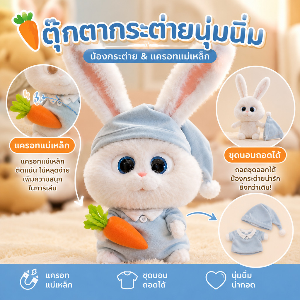 COD🐰ตุ๊กตากระต่าย หูยาว ตัวการ์ตูน นุ่มมาก หมวกสีฟ้า เหมาะสำหรับการให้เป็นของขวัญมาก 35CMตุ๊กตาขนนุ่ม