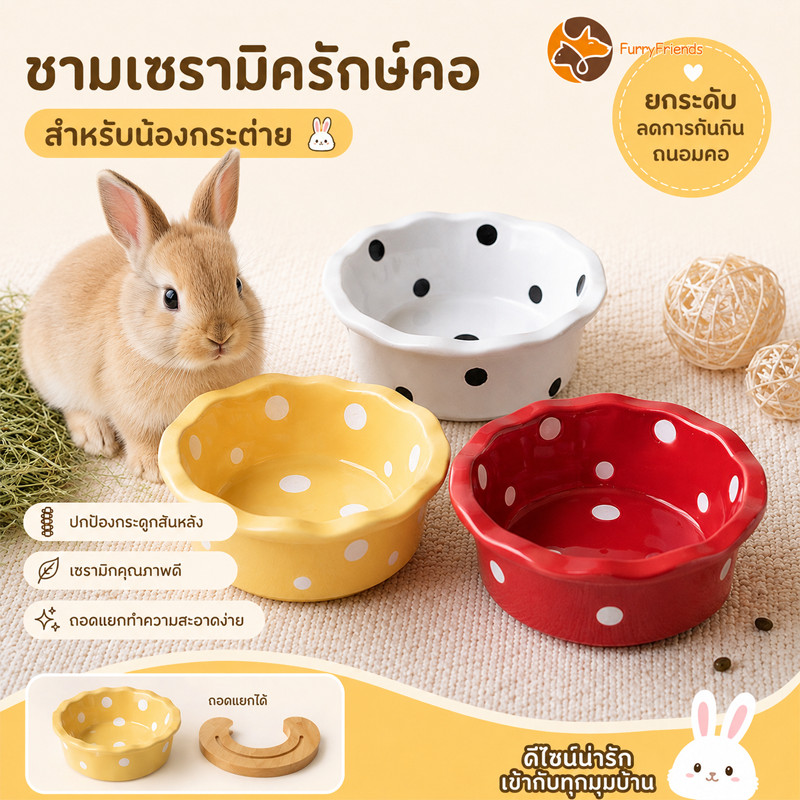 ชามอาหารกระต่าย ชามเซรามิค ชามกระต่ายสูง ป้องกันกระดูกสันหลังส่วนคอ ถอดได้ ล้างง่าย