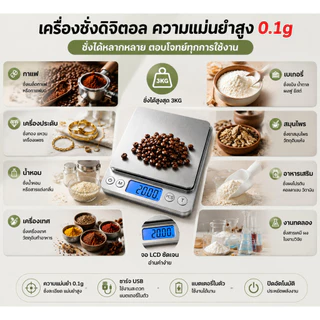 เครื่องชั่งดิจิตอล 3kg/0.1g ชาร์จ USB เครื่องชั่งอาหาร เครื่องชั่งครัว หน้าจอ ความแม่นยำสูง ชั่งกาแฟ เบเกอรี่ วัตถุดิบ