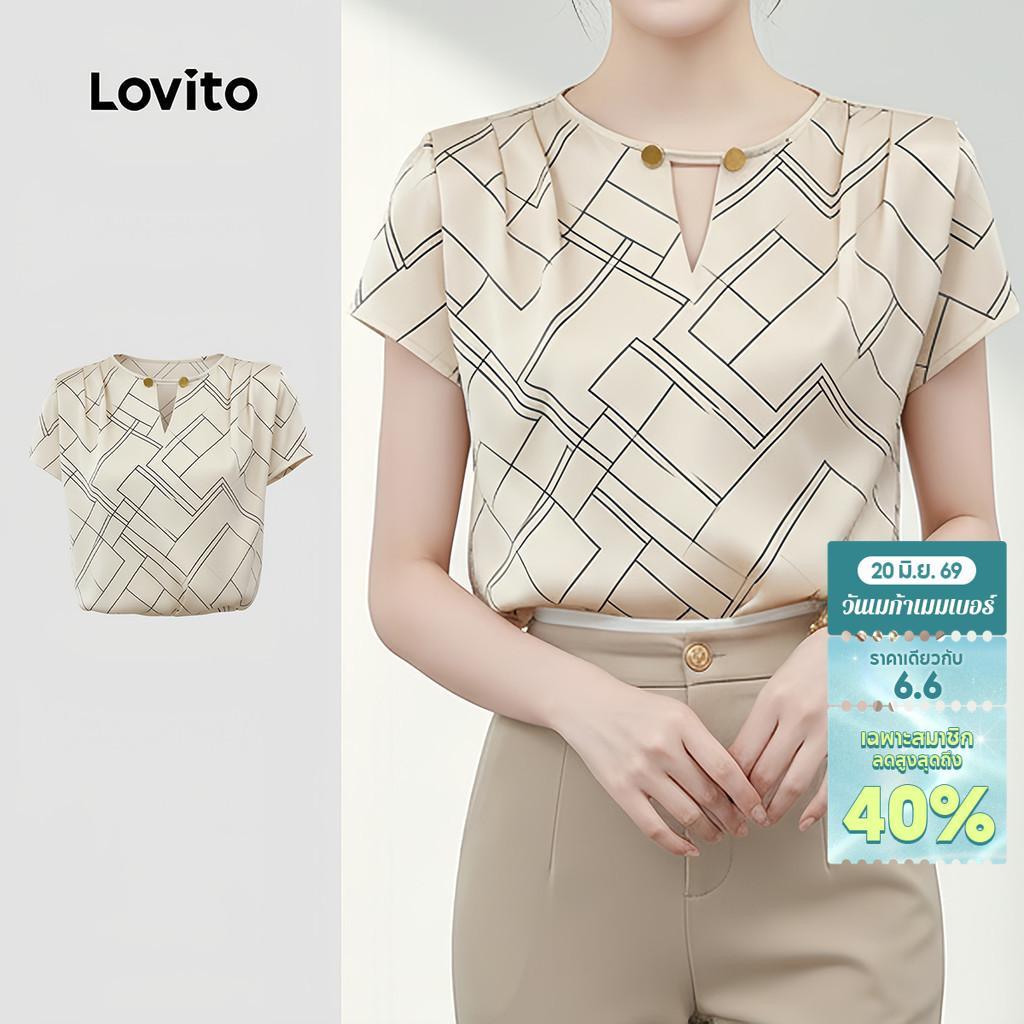 Lovito เสื้อเบลาส์ผู้หญิง สีแอปริคอต แบบกระดุมผ่าหน้า ดีไซน์โปร่งสําหรับฤดูใบไม้ผลิ/ฤดูร้อน LK6AD134