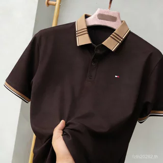 ผู้ชายเสื้อโปโลแขนสั้นลายสก๊อตปกสไตล์ธุรกิจเหมาะสําหรับใส่ทํางานผ้านุ่มระบายอากาศไม่ยับง่ายหลาย @-