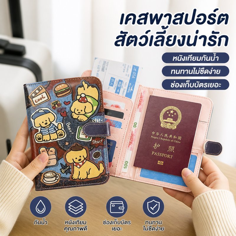 ปกพาสปอร์ต เคสพาสปอร์ต หนังเทียมกันน้ำ ช่องใส่บัตรหลายช่อง ลายหมาแมวน่ารัก กระเป๋าเดินทาง