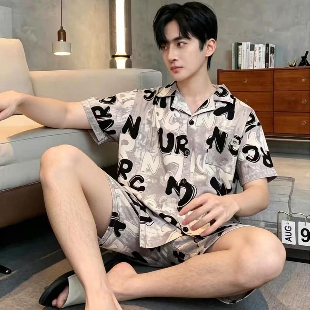 ฤดูร้อนชุดนอนผู้ชาย ออกแบบต้นฉบับ ผ้าไหมอิตาเลียน บางเฉียบ เย็นสบาย
