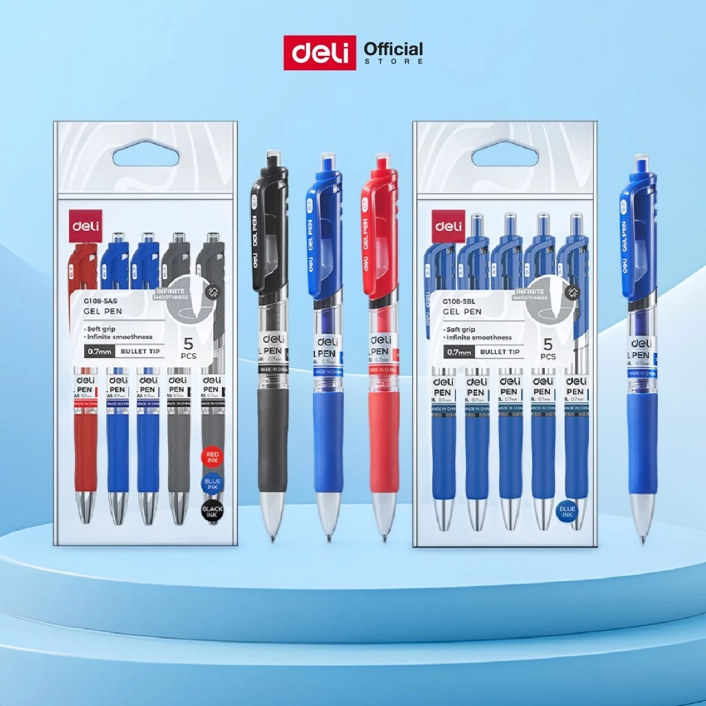 ชุดปากกาเจล 0.7mm Deli รุ่น G108 bullet tip สีน้ำเงิน/แดง/ดำในชุดเดียว ! (1ชุด/5ด้าม)(จำหน่าย 1 ชุด)