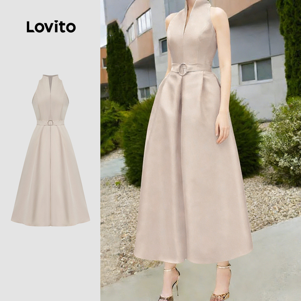 Lovito สง่างาม ชุดเดรสดีไซน์โลหะสายเส้น จับคู่สำหรับฤดูใบไม้ผลิ/ฤดูร้อน สีกากีอ่อน L158AD1696