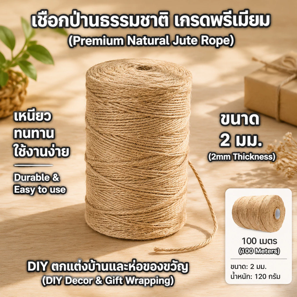 DIY เชือกป่าน 2mm ยาว 100/200 เมตร เชือกปอสีน้ำตาล เนื้อแน่นทนทาน เหมาะทั้งตกแต่งและงานฝีมือ สั่งวันนี้จัดส่งไว