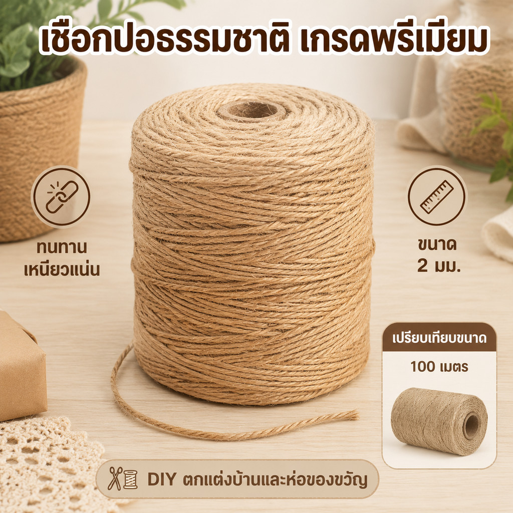 เชือกป่าน 2mm ยาว 100/200 เมตร เชือกปอกระสอบธรรมชาติ สำหรับงานDIY ตกแต่งบ้าน ทำแมวปีน ใช้งานหลากหลาย ส่งไว