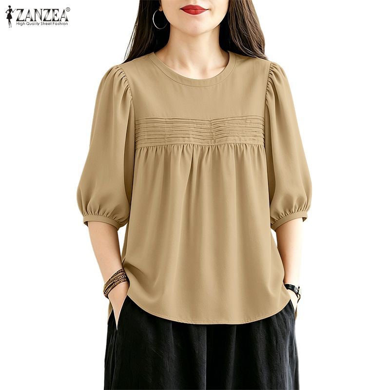 ZANZEA ผู้หญิงเกาหลีอ่อนโยนลูกเรือคอโคมไฟแขน Pleats Splicing สีทึบ A-Line เสื้อ — صورة 6