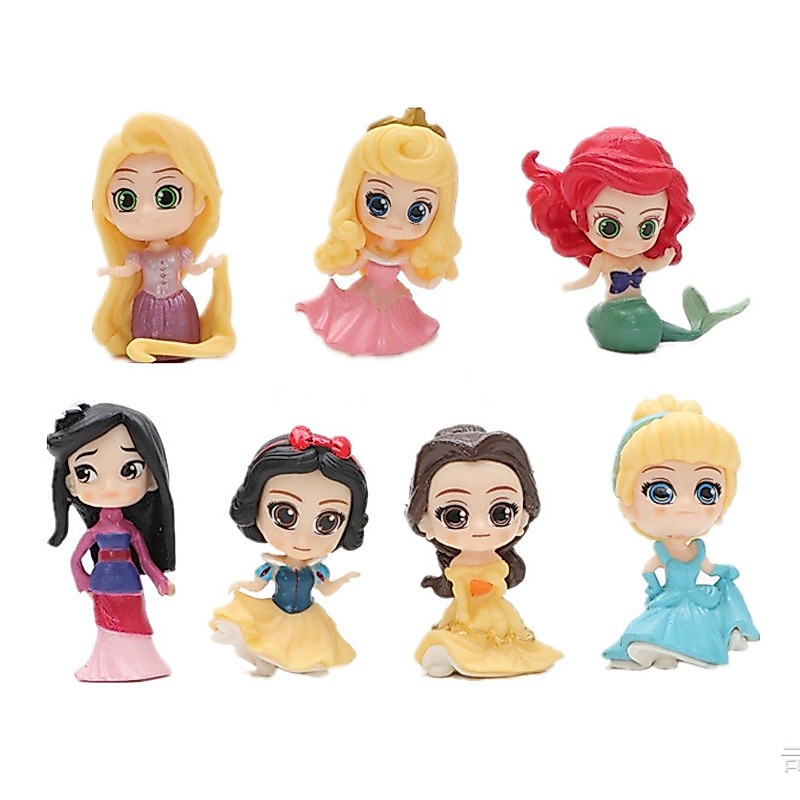7 ชิ้น/เซ็ต 4.5-5 ซม.เจ้าหญิง Snow White Mulan Rapunzel Aurora Cinderella Ariel Belle รุ่น Q PVC Action Figures ตุ๊กตาของเล่น