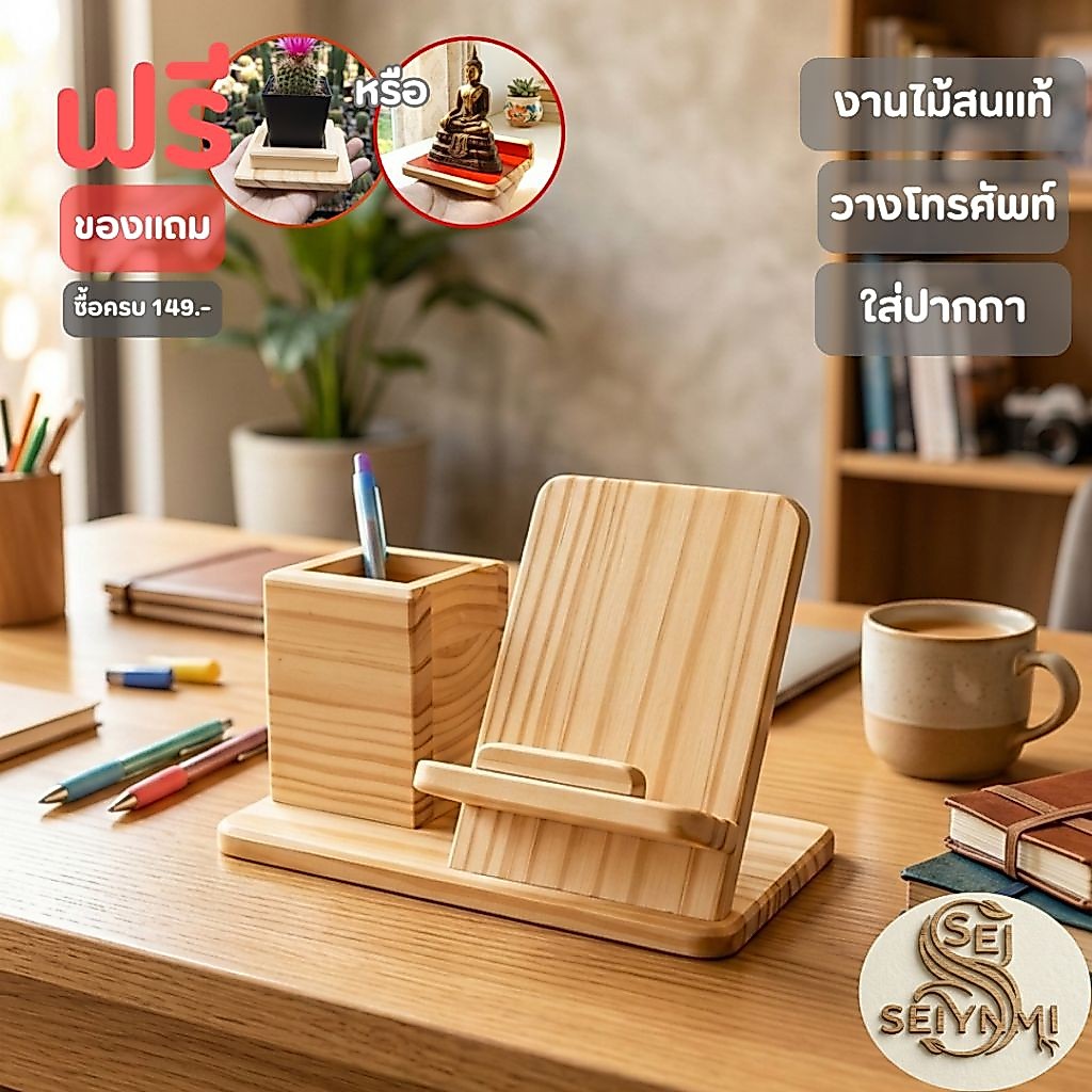 แท่นวางมือถือไม้ธรรมชาติ ตั้งโต๊ะทำงาน สไตล์มินิมอล แข็งแรง ทนทาน งานไม้ทำมือ