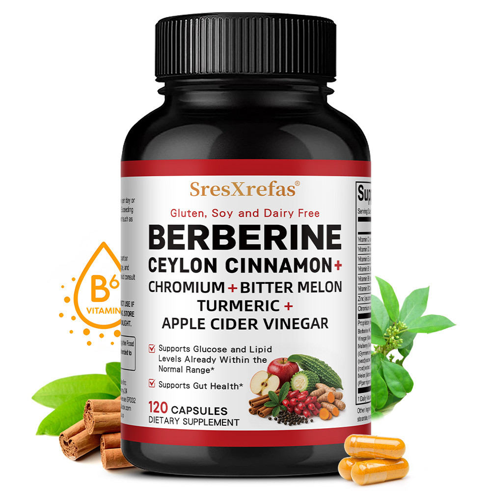 SresXrefas Berberine พร้อมอบเชยซีลอน, โครเมียม, มะระขี้นก, ขมิ้น & Apple Cider Vinegar แคปซูล, รองรับน้ําตาลในเลือด, การเผาผลาญกลูโคส & Gut Health