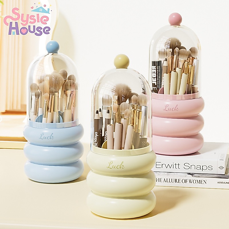 Sysie House กล่องเก็บแปรงแต่งหน้า มีฝาปิด ที่ใส่แปรงแต่งหน้า หมุนได้ น่ารัก พาสเทส ตกแต่งห้องได้ ทำความสะอาดง่าย JX2416