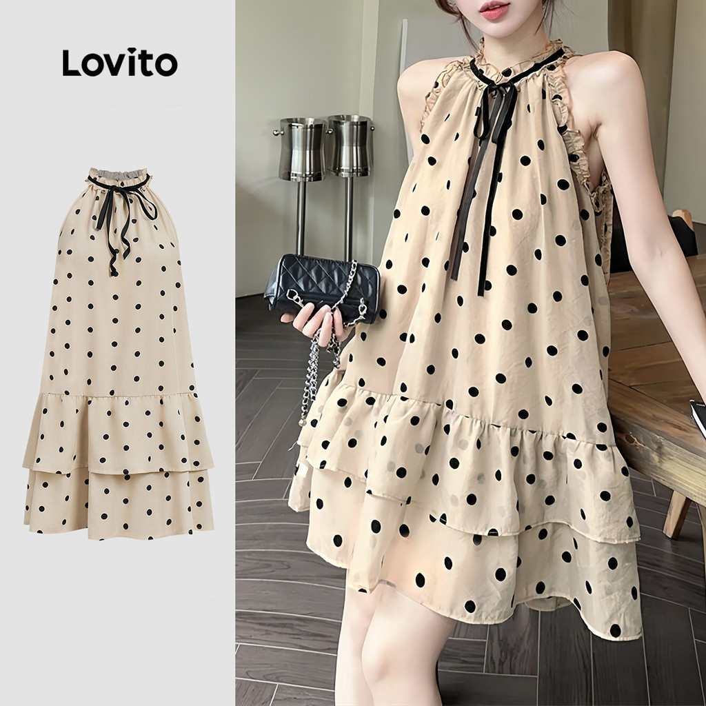 Lovito แคชชวล เดรสสวยหรูสำหรับฤดูใบไม้ผลิ/ฤดูร้อน มีกระเป๋า ชายกระโปรงระบาย กระดุม สีกากี สำหรับผู้หญิง L171AD076