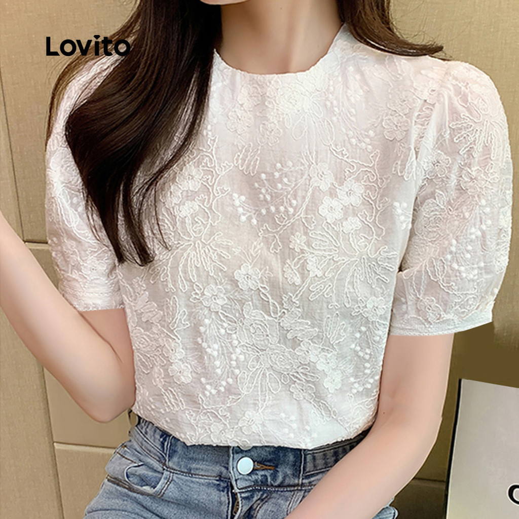 (สง่างาม) Lovito เสื้อบ๊อโฮแบบเปิดตา ประดิษฐ์ลูกไม้ แจ็คการ์ด สำหรับฤดูใบไม้ผลิ/ฤดูร้อน สีขาว สำหรับผู้หญิง L138ED252