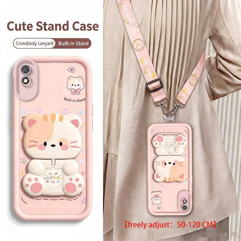 สายรัดCrossbody LanyardสําหรับRedmi 9a Redmi 9 เคสโทรศัพท์Softcaseซิลิโคนกันกระแทกออกแบบใหม่ความงามพร้อมที่วางแมวน่ารักสําหรับสาวJTGMZJ1
